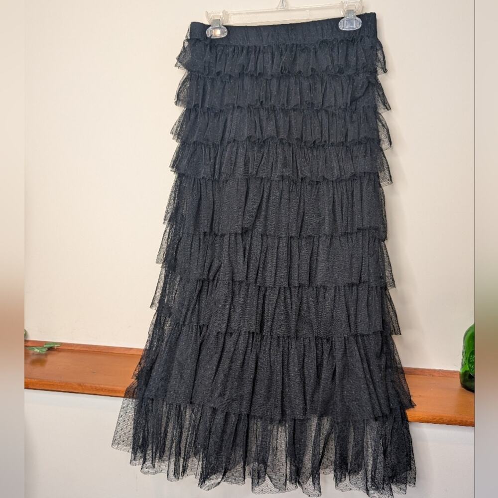 Cupcakes and Cashmere Black Tiered Tulle Midi Skirt Swiss Dot Size S